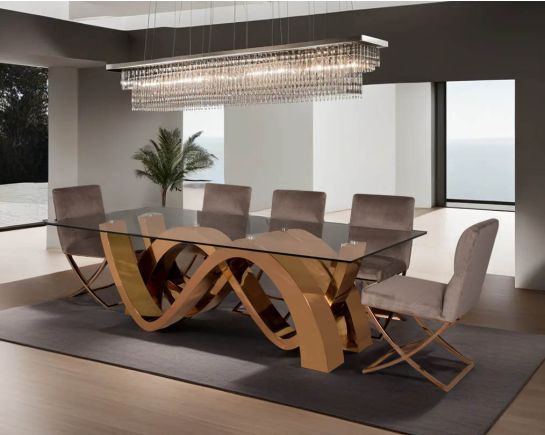 Arranca 8 Seater Rose Gold Dining Table With Anzu Rose Gold Dining Chair