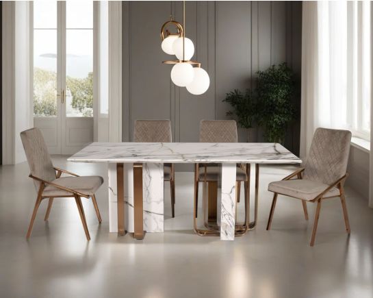 Selena 6 & 8 Seater Marble Dining Table With Linus Fabric Dining Chair