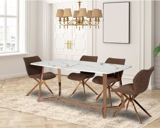 Arturo Rose Gold 6 & 8 Seater Marble Dining Table With Adalira Leatherette Rose Gold Dining Chair