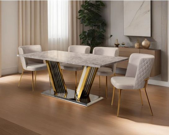 Cena Gold 6 & 8 Seater Marble Dining Table With Emesta Fabric Gold Dining Chair
