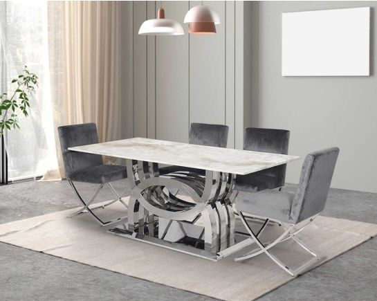 Saul 6 & 8 Seater Marble Dining Table With Anzu Stainless Steel Dining Chair