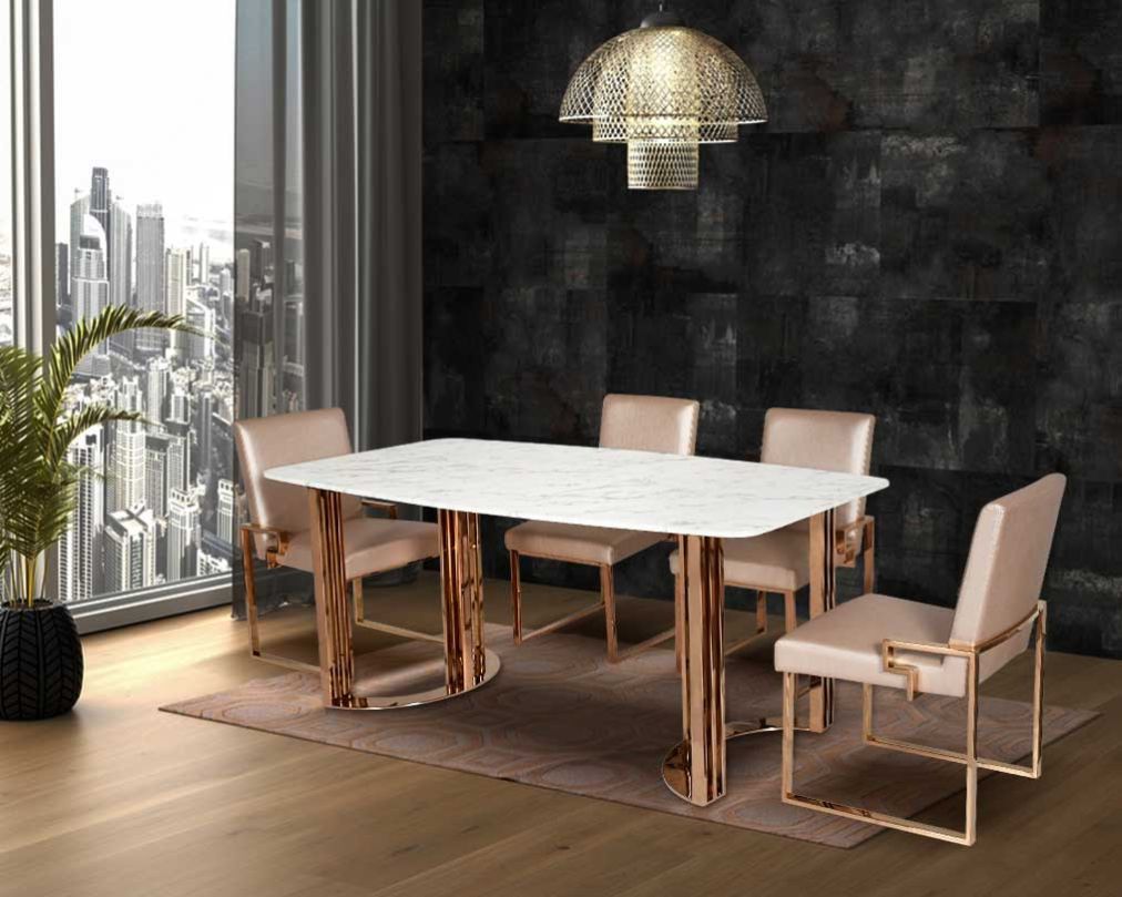 Felisa 6 & 8 Seater Marble Dining Table With Escabel Leatherette Rose Gold Dining Chair