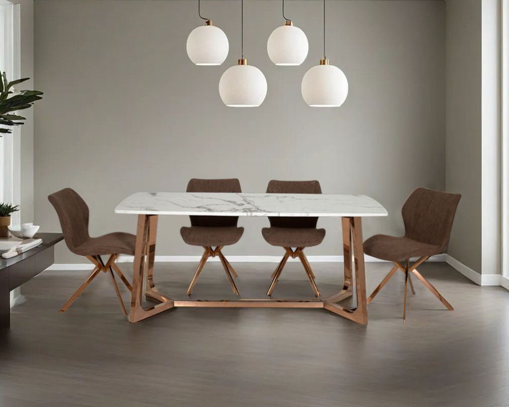 Arturo Rose Gold 6 & 8 Seater Marble Dining Table With Adalira Leatherette Rose Gold Dining Chair
