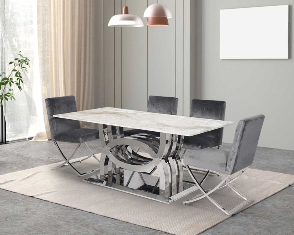 Saul 6 & 8 Seater Marble Dining Table With Anzu Stainless Steel Dining Chair