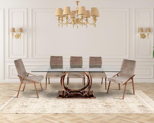 Itsaso 8 Seater Rose Gold Dining Table With Linus Fabric Dining Chair
