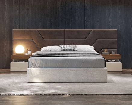 This elegant king-size bed comes upholstered in fabric & quilted in modern classic design The gorgeous bedside table comes in beige glossy finish & light walnut top with one drawer.