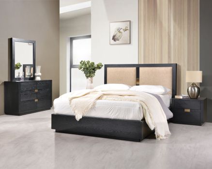 The design influences sophistication, charisma, and luxury. High back bed in king size in wood & ash veneer with upholstered back in fabric with hydraulic lift storage Bedside table in wood & oak veneer with two drawers. Dresser in wood & oak veneer with 