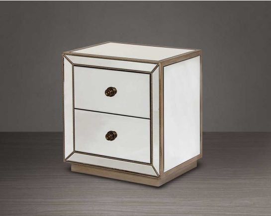 Bedside table in mirror and antique silver with 2 drawers side view