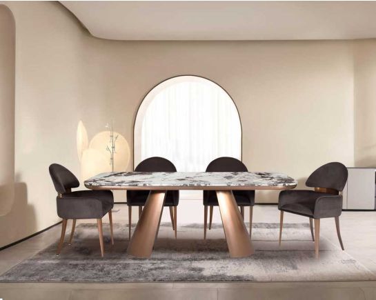 Melosa Rose Gold 6 & 8 Seater Marble Dining Table With Ristra Fabric Rose Gold Dining Chair