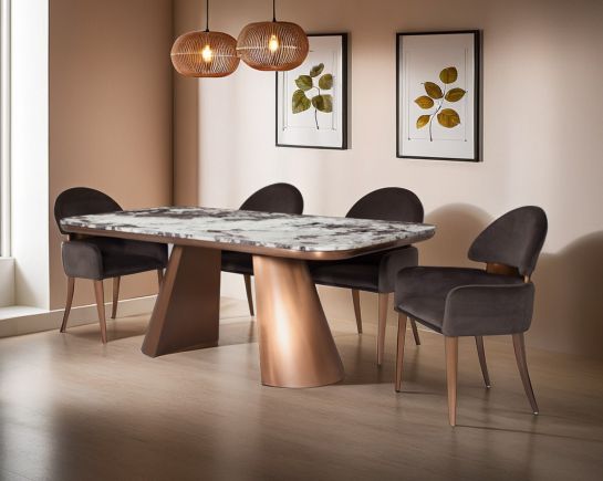 Melosa Rose Gold 6 & 8 Seater Marble Dining Table With Ristra Fabric Rose Gold Dining Chair