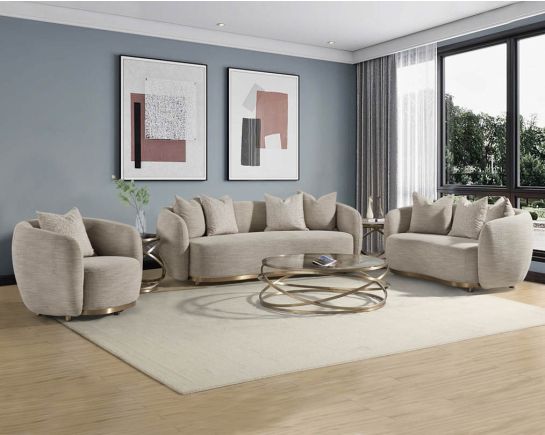 This 3+2+1 luxurious sofa set with a contemporary feel, it glams up with an extremely attractive look Upholstered in high-quality fabric, this modern sofa sits upon a gold-plated stainless steel metal base.