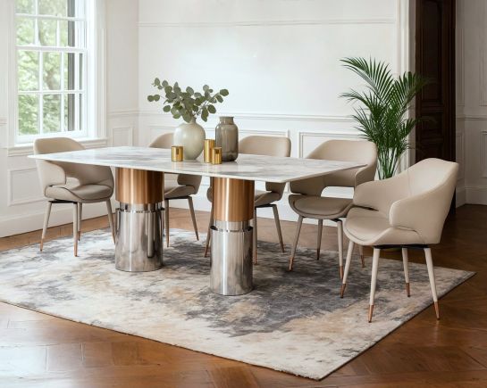 Lamina 8 Seater Marble Dining Table With Gracil Leatherette Grey Dining Chair