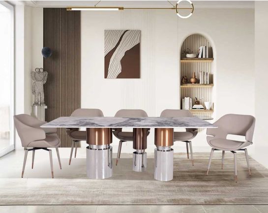 Lamina 8 Seater Marble Dining Table With Gracil Leatherette Grey Dining Chair