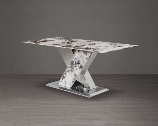 This stylish 6-seater rectangular dining table with a natural white marble top and a glistening stainless steel crisscross base.