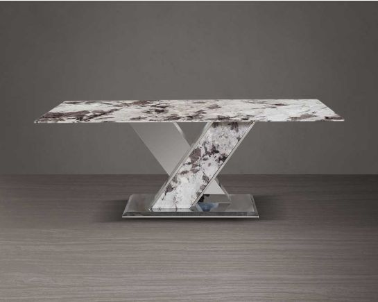 This stylish 8-seater rectangular dining table with a natural white marble top and a glistening stainless steel crisscross base. Its genuine marble top adds a refined touch to your décor