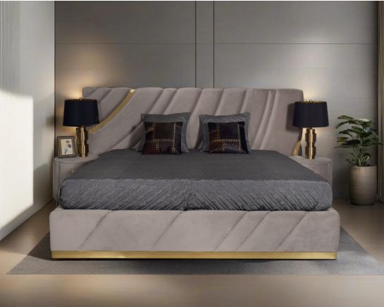 This elegant stainless steel bed is crafted in a gold finish stainless steel inlay trim & upholstered & quilted in soft luxe fabric in modern design. It comes with hydraulic lift storage bedside table compliments the bed beautifully & has 2 spacious drawe