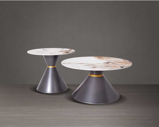 This round coffee table is a captivating composition of a round white & brown ceramic top & conical metal base