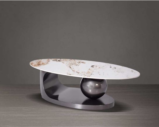 This oval white sintered stone coffee table with a ball & tubular stainless steel titanium finished base brings a rich contemporary luxurious style
