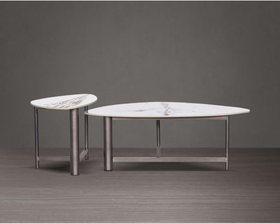 Coffee & end table in geometric design with sintered stone top and titanium plated stainless steel base in a geometric design.