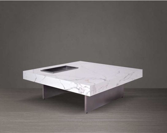 This stylish square imitation marble coffee table in high-gloss finish side view