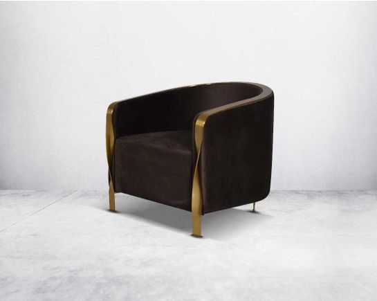 This classic, unique chair is sure to make an exquisite statement in your living space, it is upholstered in luxe brown velvet fabric & its legs
Both its metal leg stands with a gold brush finish are twisted to perfection adding more flair and distinct q