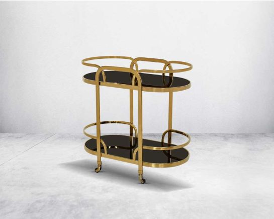This trolley/dining cart is resplendent in its rich contemporary design with side view.