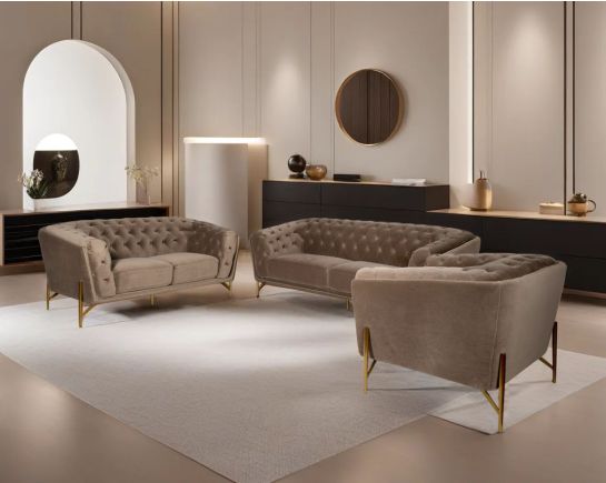 Lean back and lounge in luxurious style on this stunning sofa set. This 3+2+1 glam sofa features plush velvet upholstery that is both classy and sumptuous against your skin, a single seat cushioned
