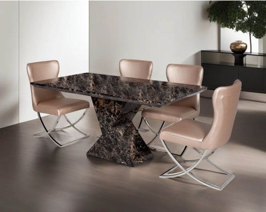 6 & 8 Seater rectangular marble dining table. Dining chair upholstered in faux leather with high polished stainless steel legs in a cross design.