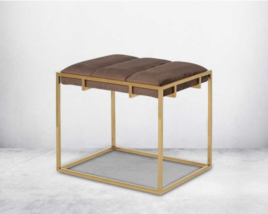 Ottoman upholstered in fabric with high polished gold plated stainless steel frame and legs.