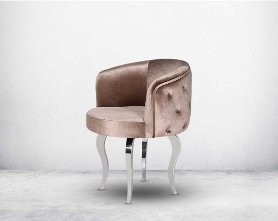 Leisure / bedroom fabric chair with tufted back and with swivel and high polished stainless steel legs.