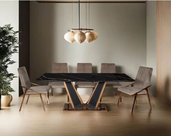 This glorious marble top dining table features a tree bark design motif finished in glossy rose gold plated stainless steel & black sandblasted base. Comfortable making an elegant look & opulent style statement in any home.
Dining chair upholstered in fa