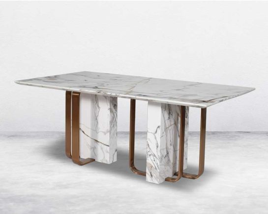 This glorious 6 Seater rectangular dining table with a white marble top comes with wood & high polished matt rose gold plated stainless steel geometrical base