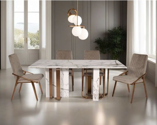 This glorious 6 & 8 Seater rectangular dining table with white marble top comes with wood & high polished matt rose gold plated stainless steel geometrical base. 