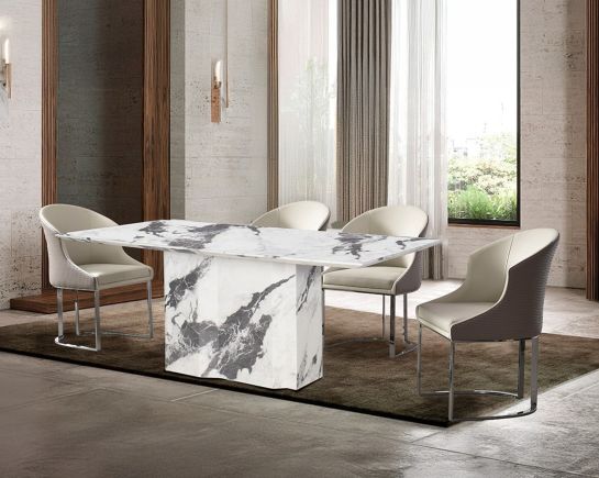 Incencio 6 & 8 Seater Marble Dining Table with Kyle Leatherette Silver Dining chair