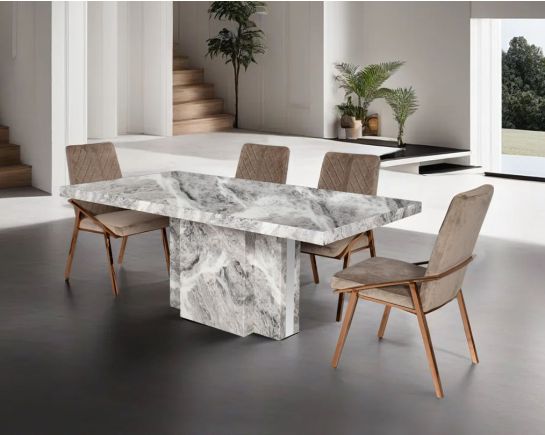 6 & 8 Seater rectangular dining table with marble top and base in glossy finish with stainless steel trims at the sides. Dining chair upholstered in faux leather with high polished stainless steel legs in cross design.
