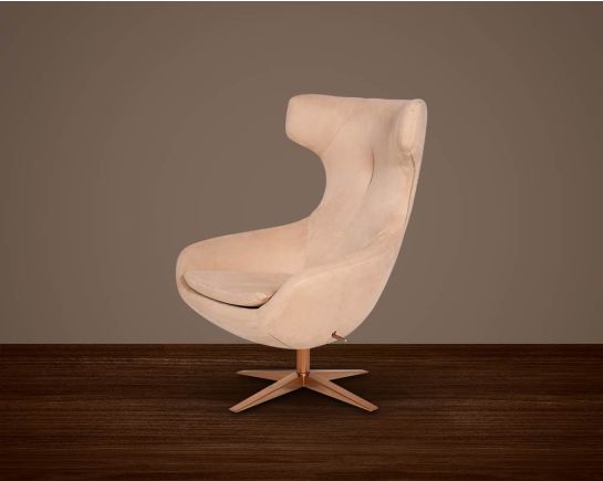 Leisure chair with armrest upholstered in fabric and high polished rose gold plated stainless steel base with swivel