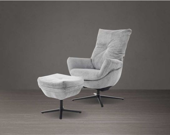 This lounge chair and ottoman set is designed to serve as the epitome of comfort for your leisure time. The chair is made with dense foam padding, comes finely upholstered in fabric with faux leather and stainless steel base with swivel. The lounge chair 