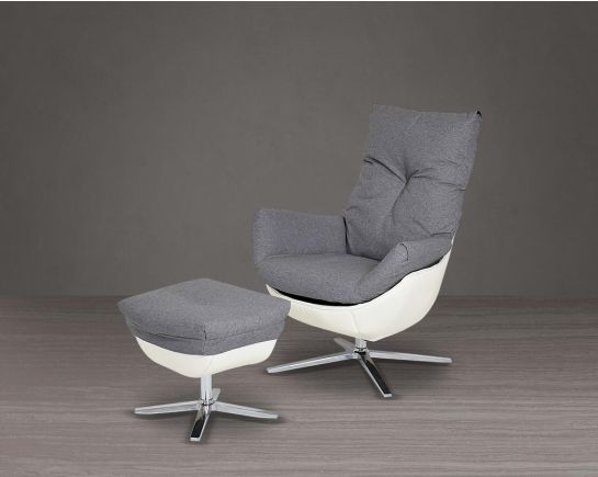 This lounge chair and ottoman set is designed to serve as the epitome of comfort for your leisure time. The chair is made with dense foam padding, comes finely upholstered in fabric with faux leather and stainless steel base with swivel. The lounge chair 
