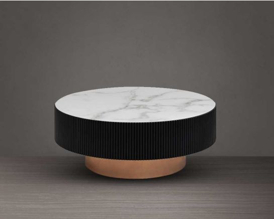 This round coffee table with white snow tempered marble finish glass top & waive grain matt black wood frame