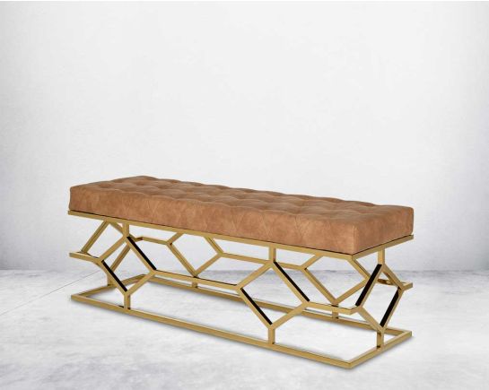 Double bench upholstered with tufted fabric seat and high polished gold plated stainless steel legs in chic design.
