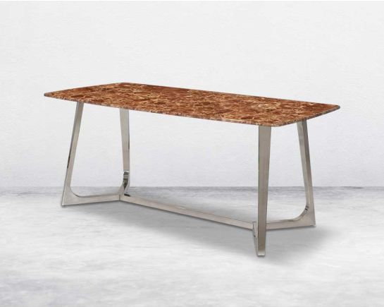 6 Seater rectangular dining table with brown marble top and high polished stainless steel base.