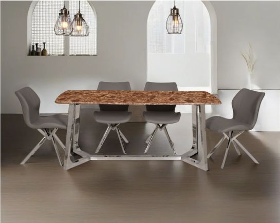 6 & 8 Seater rectangular dining table with brown marble top and high polished stainless steel base. Dining chair upholstered in faux leather with stainless steel legs.