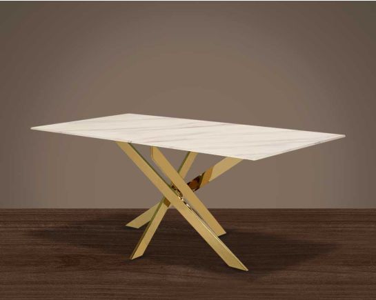 This chic 6 seaters rectangular dining table has a marble finish glass tabletop which creates a striking contrast with shiny gold plated stainless steel base.