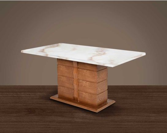 This 6 seater dining table comes with a beige imitation Italian marble top and walnut wood base.