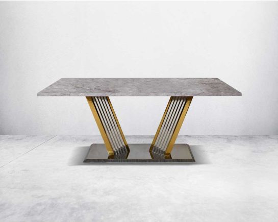 This glorious grey marble top dining table features a tree bark design motif and is crafted with a glossy gold-plated fluted stainless steel base.