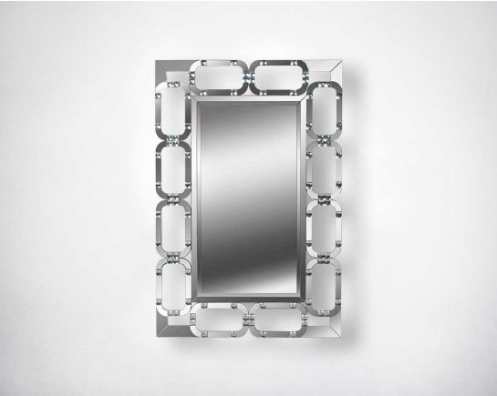 Rectangular silver wall mirror with ornamental border in the mirror in glamorous contemporary design.