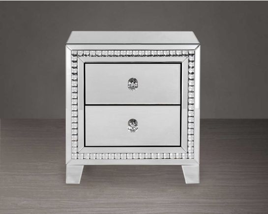 Side table in clear mirror with silver mirror border with crystal effect with side view