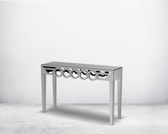 This beautiful console has a round mirror design border & mirrored legs side view 