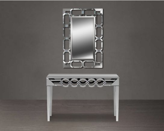 This beautiful console has a round mirror design border & mirrored legs. The surface of the table is mirrored which adds a beautiful aesthetic to contemporary Venetian décor.