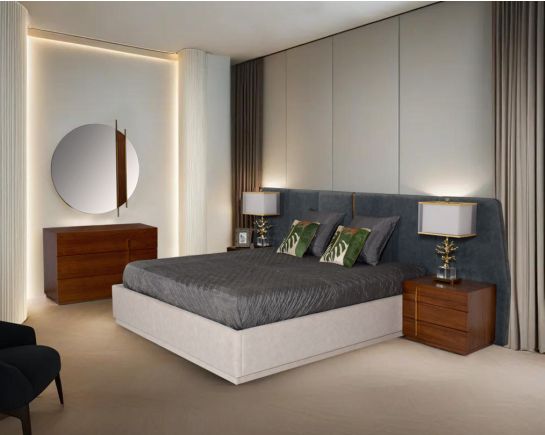 the bed set brings a sense of splendor to the bedroom. The fabric upholstered headboard with gold strip comes with hydraulic storage in contemporary style. Symmetry and style define this eye-catching bedside table, constructed from light walnut veneer wit